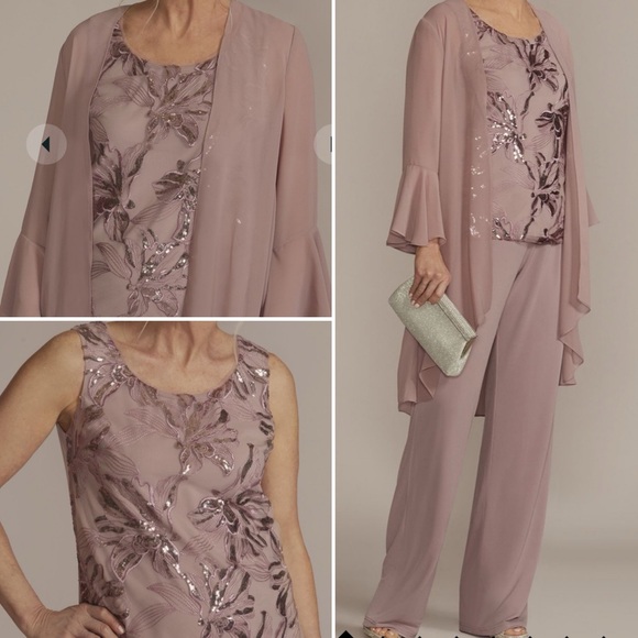 Oleg Cassini - David’s Bridal Straight Leg Embroidered Chiffon Three Piece Set - Picture 3 of 8